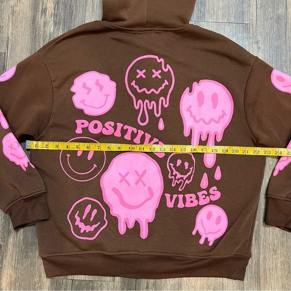 Faded Rose Essentials Positive Vibes Smiley Face Brown Pink Sweatshirt Hoodie S - Picture 11 of 13